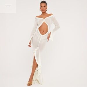 PLUNGE LONG SLEEVE FRILL DETAIL CUT OUT FRONT MAXI DRESS IN CREAM MESH